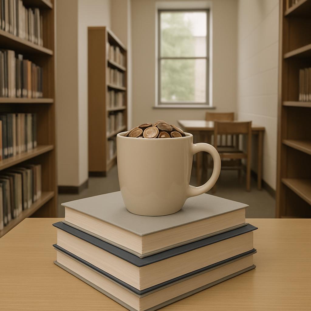 A cup filled with coins atop a stack of four books, placed on a wooden desk in a library, featuring bookshelves, a window,...