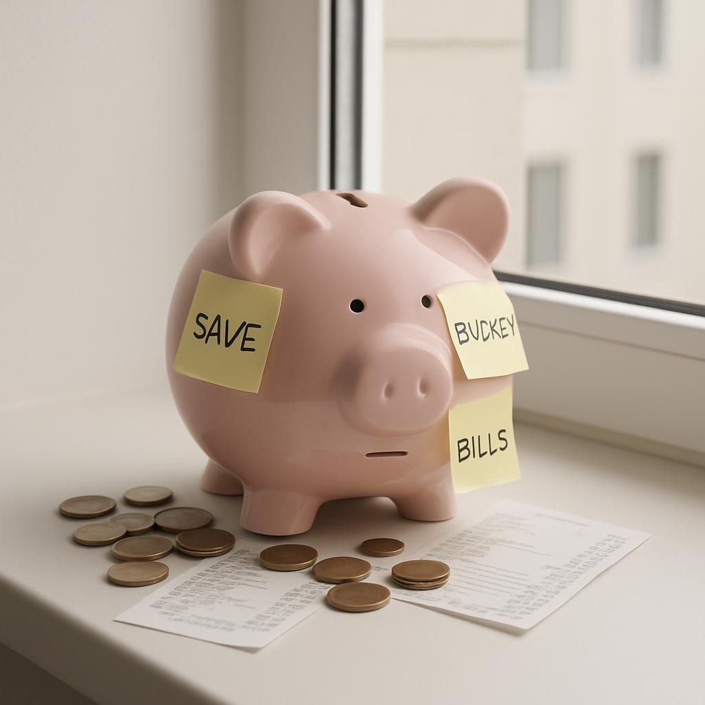 A pink ceramic piggy bank, labeled "SAVE BUCKY BILLS", sits on a windowsill, accompanied by scattered coins and receipts.