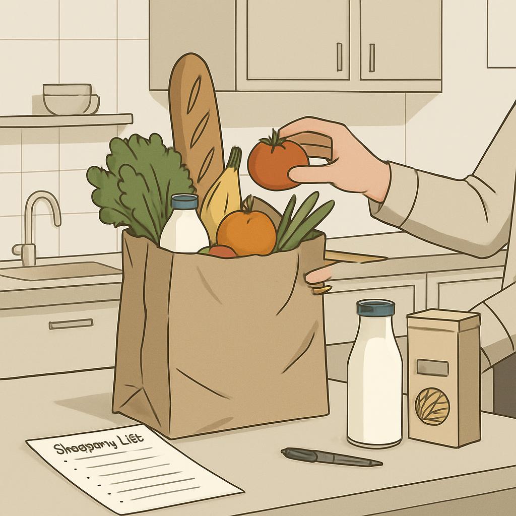 A shopper's hand reaches into a paper bag placed on a kitchen counter, holding a tomato.