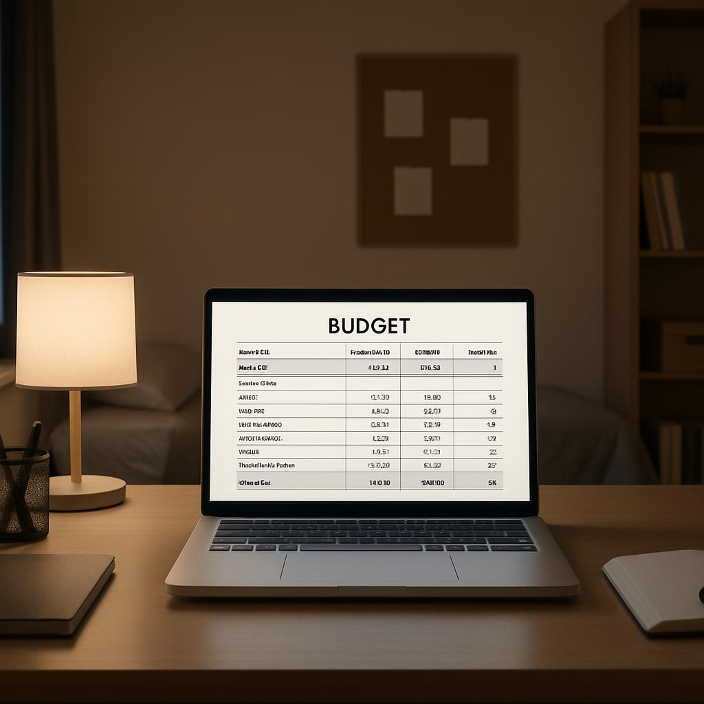 A laptop sits on a desk, open to a budget spreadsheet with a white background and black text.