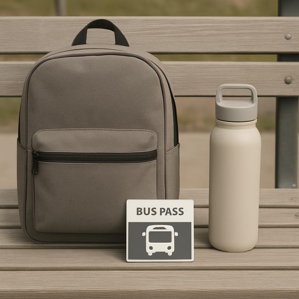 A gray student backpack lying open on a wooden background is shown here. The backpack bag has black trim, with a zippered ...