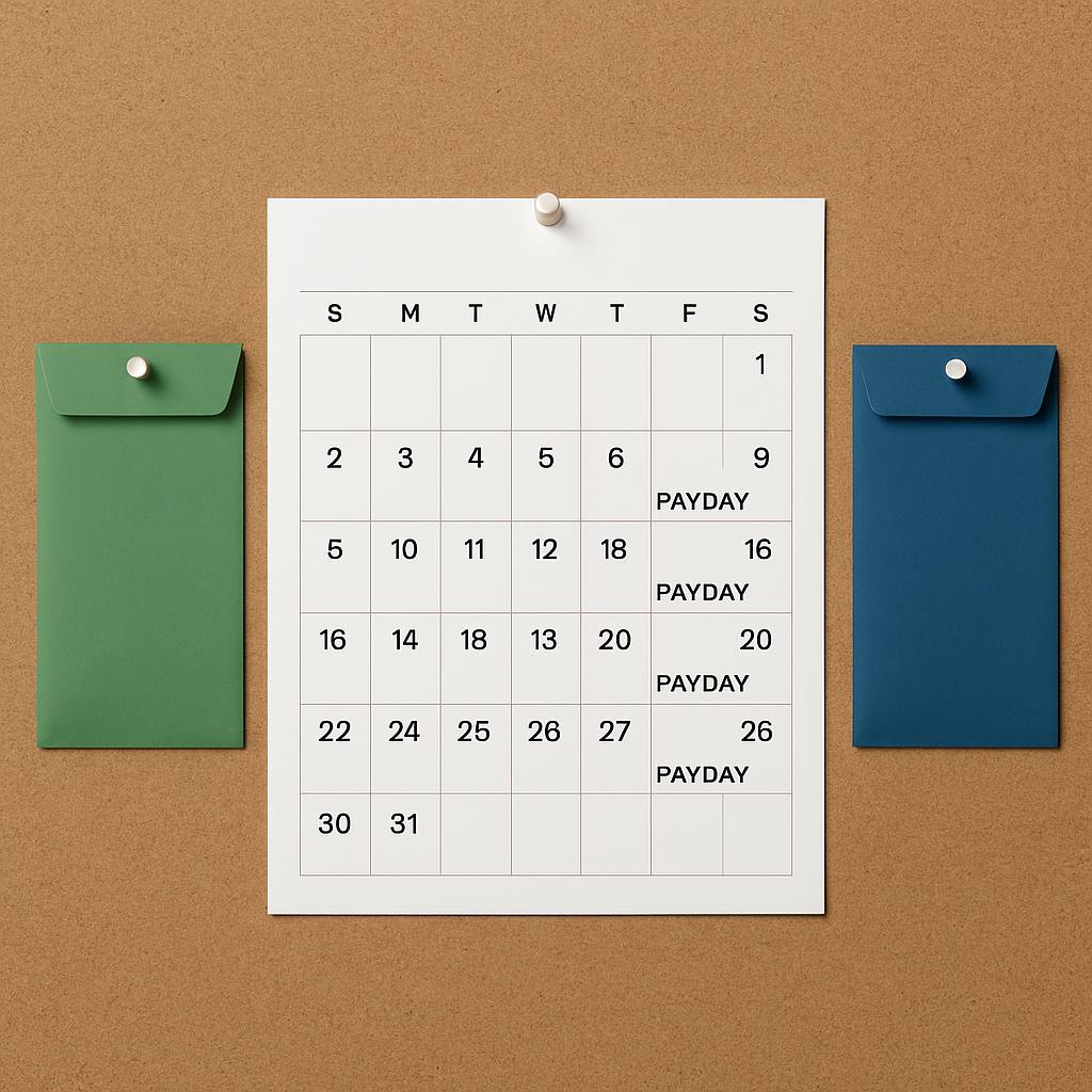 Calendar months listed as Sunday, Payday, and so on.