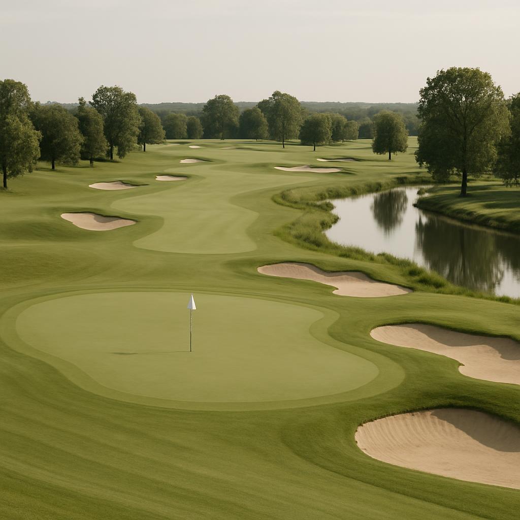 A serene golf course with a pond set behind a row of sand pits, leading to a prominent hole with a white flag.